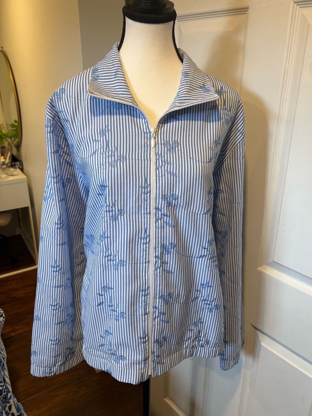 Vintage Blue Pinstripe Floral Embroidered Zip Jacket Plus Size 18